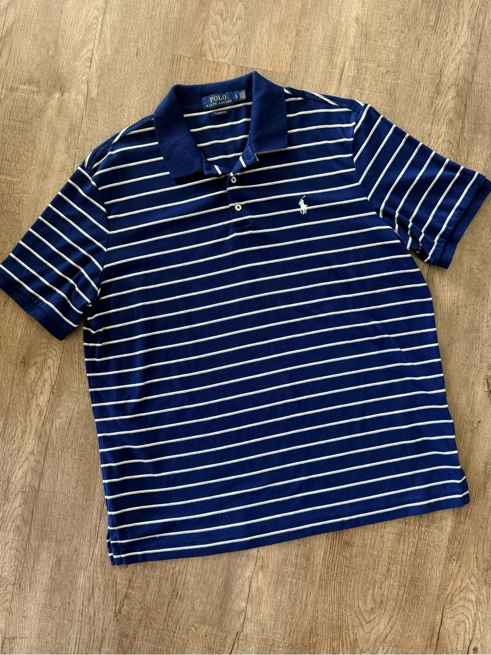 Men’s Polo Ralph Lauren Navy Striped Polo Shirt with White Pony